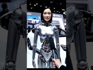 Realistic Robot Assistant Guides Visitors in Car Showroom #ai #robotics #technology