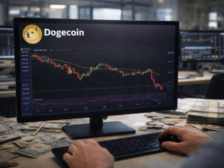A trader’s hands operate a keyboard while monitoring a Dogecoin candlestick chart on a desktop monitor in a financial office setting.