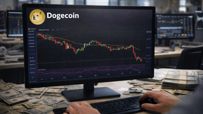 Dogecoin erases weekend gains: here are the key levels to A trader’s hands operate a keyboard while monitoring a Dogecoin candlestick chart on a desktop monitor in a financial office setting.