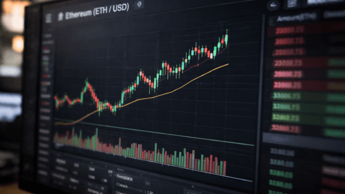 Ethereum price analysis: ETH tests local bottom amid a possible A computer monitor displaying an Ethereum (ETH/USD) candlestick price chart with rising trend lines and trading volume bars on a cryptocurrency trading interface.