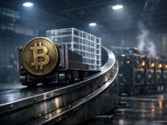 Bitcoin mining carts carrying stacked blocks on an industrial conveyor line, symbolizing power-law growth under pressure from shifting ETF inflows