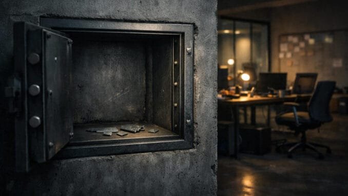 Why crypto hacks don't end and continue even when the Open empty safe with scattered fragments in a dim office, symbolizing the lasting impact of crypto hacks even after funds are gone