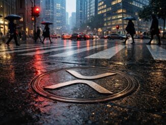 XRP logo on a rain-soaked city street as investors pull back, signaling first monthly outflow after a $1.2B ETF inflow streak