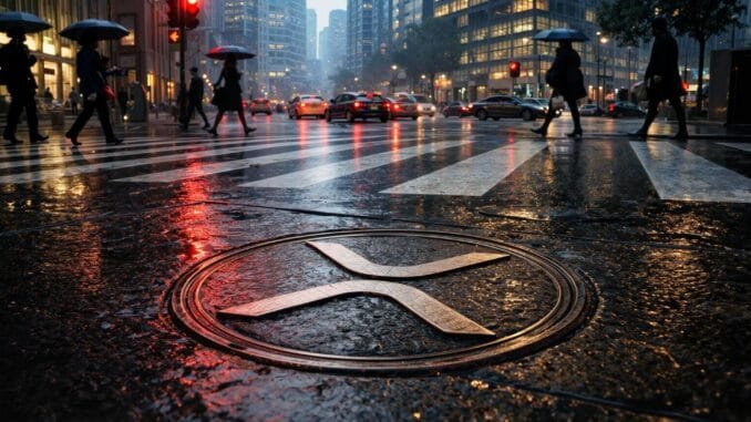 XRP ETFs face first monthly outflow despite strong institutional support XRP logo on a rain-soaked city street as investors pull back, signaling first monthly outflow after a $1.2B ETF inflow streak