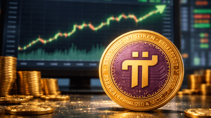 A bullish PI coin in front of a monitor