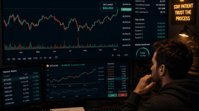 Bitcoin holds above key support as momentum indicators hint at A trader analyzing Bitcoin as it approaches $67k.