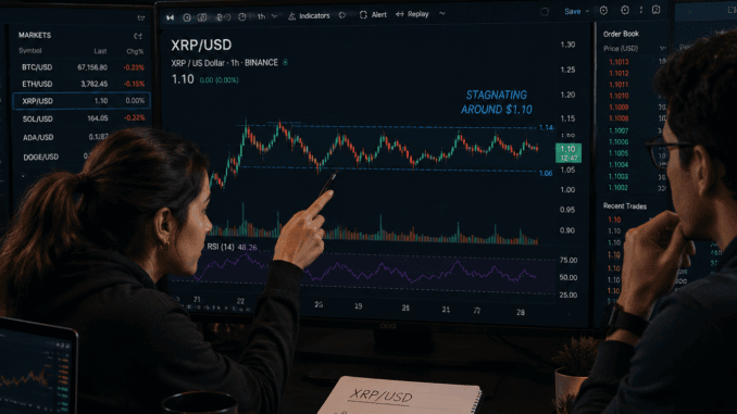 XRP stays around $1.10 as ETF inflows persist Traders analyzing XRP as it stays below $1.12
