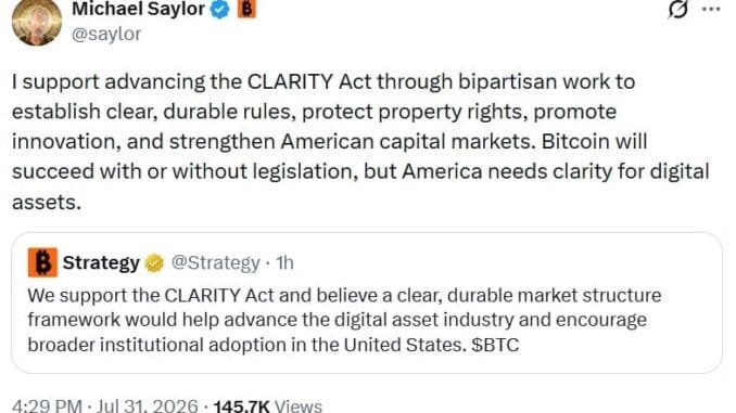 Saylor and Strategy Officially Back CLARITY Act for US Crypto Saylor and Strategy Officially Back CLARITY Act for US Crypto