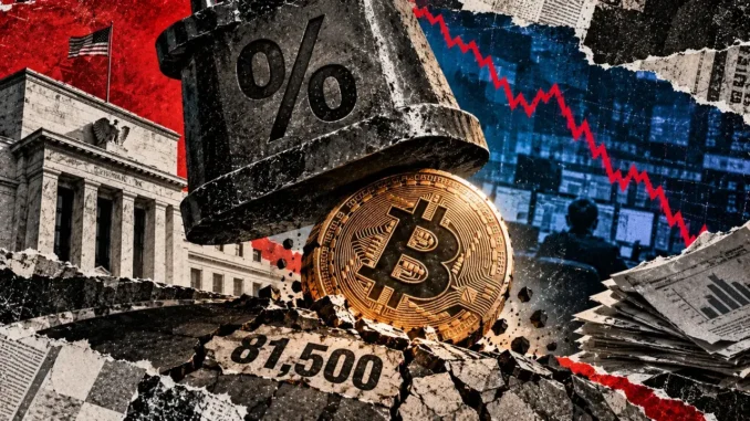 A massive interest-rate press threatens Bitcoin above the 81,500 support level, with Federal Reserve architecture and falling market prices.