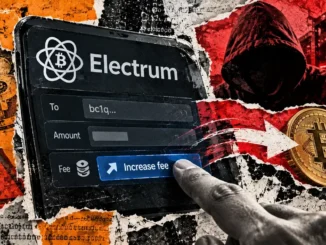 Editorial collage showing a hand increasing an Electrum wallet transaction fee as Bitcoin is redirected toward a hooded attacker and servers.