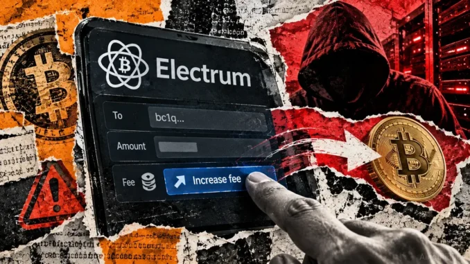 Hackers found a way to steal Bitcoin without private keys Editorial collage showing a hand increasing an Electrum wallet transaction fee as Bitcoin is redirected toward a hooded attacker and servers.
