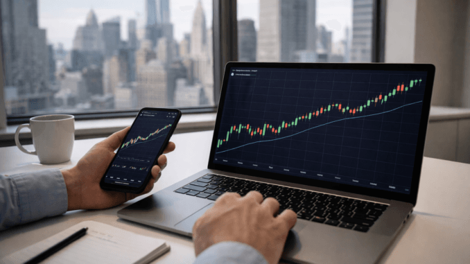 Nexo says 67% of affluent investors own crypto but few An investor checks rising cryptocurrency charts on a laptop and smartphone with a city skyline visible through the office window.